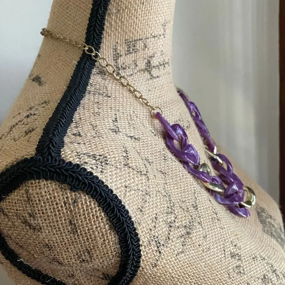 Vintage Purple Chunky Link Statement Necklace Gold Tone 80s–90s Retro Bold